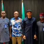 Sen. Ede Dafinone, Senator representing Delta Central Senatorial District (2R); Comrd. Akpovoke Otiti, National President of Guild of Online Media Editors and Publishers (GOMEP-NG) (1R); Comrd. Prince Clinton Uba, National Secretary (3R) and Comrd. Ikechi Enwereji.
