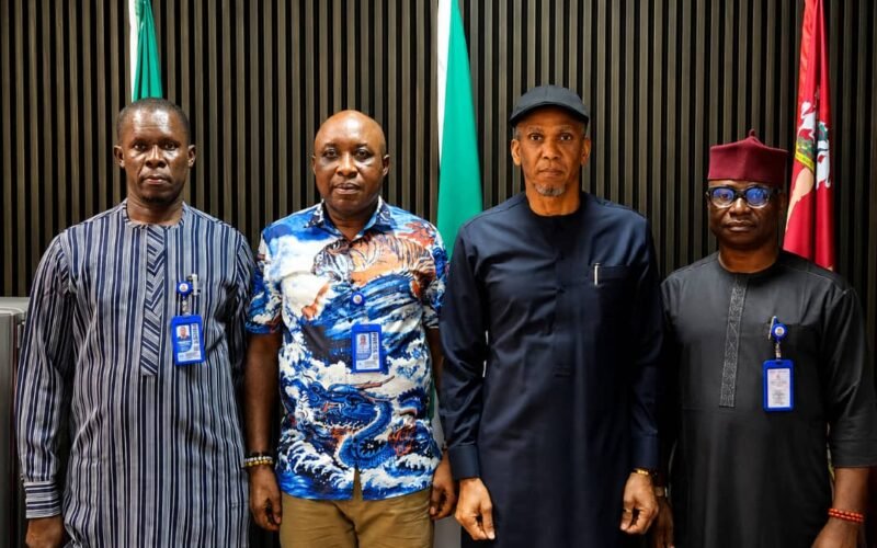 Sen. Ede Dafinone, Senator representing Delta Central Senatorial District (2R); Comrd. Akpovoke Otiti, National President of Guild of Online Media Editors and Publishers (GOMEP-NG) (1R); Comrd. Prince Clinton Uba, National Secretary (3R) and Comrd. Ikechi Enwereji.