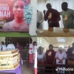 The remains of late Lady Immaculate Chioma Jonah flanked by family and church members while lying in state.