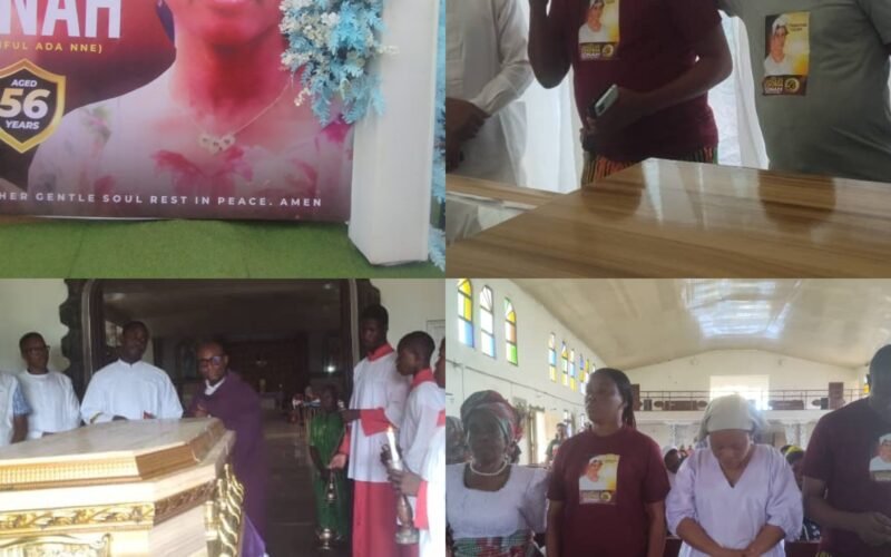 The remains of late Lady Immaculate Chioma Jonah flanked by family and church members while lying in state.