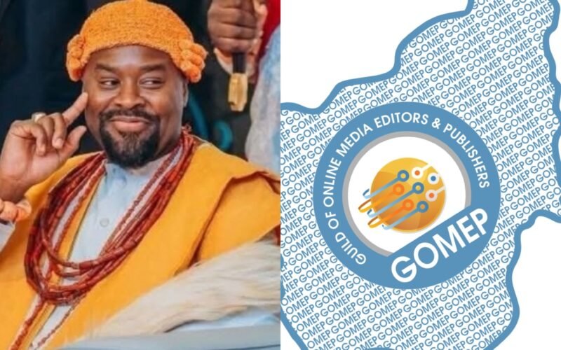 His Majesty, Ogiame Atuwatse III, the Olu of Warri; and Guild of Online Media Editors and Publishers of Nigeria (GOMEP-NG) Logo.