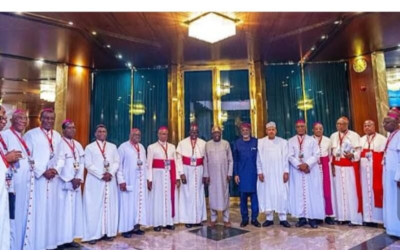 Bola Ahmed Tinubu (M) flanked by leaders of the Christian Association of Nigeria (CAN).