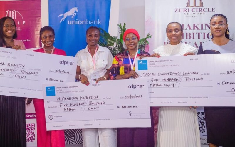 L-R: Head alpher, Union Bank of Nigeria, Mrs. Aderonke Chukwudeme; Founder, Bequeenz Beauty, Ms. Esther Harmony Elois; Founder, Atas Nutraboom Nutrition, Ms Oluwakemi Olaniyan; Founder, Gadesh & Co Nigeria Limited; Ms. Abojukoro Ganiyat Adeshola; Head SME Banking, Union Bank of Nigeria, Mrs. Gloria Omereonye, and Founder, Zuri Circle Network, Ms. Linda Obi during the Bank’s presentation of grants to business pitch winners at the Fearless Female Founders (FFF) 2.0 programme at Vibranium Valley, Local Airport Road, Ikeja, Lagos recently.
