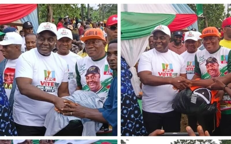 Rt. Hon. Emeka Atuma (2R), in a warm handshake with Ngwa people, amidst great excitement.